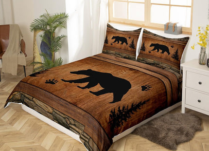 Manfei Rustic Bear Duvet Cover Set Full Size, Wildlife Hunting Theme Comforter Cover with 2 Pillowcases, Wild Animal Bedding Set 3pcs for Kids Boys Teens, Wooden Board Bedspread Cover, No Comforter