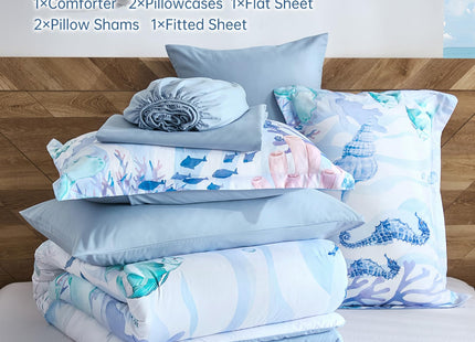 Coastal Comforter Set Queen, Coral Beach Themed Comforters Diving Deep Ocean Bedding with Sheets 7 Pieces Bed in a Bag for Spring Summer House Conch Decor