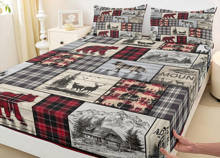 Rustic Cabin Bed Sheets Full Woodland Wolf Deer Bear Sheet Set For Kids Adults,Red Black Buffalo Plaid Bedding Wildlife Camping Lodge Mountain Fitted Sheet Southwestern Farmhouse Flat Sheet 4 Pcs