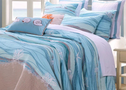 Finely Stitched Coastal Seaside Cottage Quilt Set with Shams Sea Shell Print Pattern Ocean Blue 100 Cotton Luxury Reversible 3 Piece King Size Bedding - Includes Bed Sheet Straps