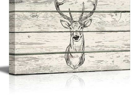wall26 - Block Print Stag Deer with Antlers Artwork - Rustic Canvas Wall Art Home Art - 12x18 inches