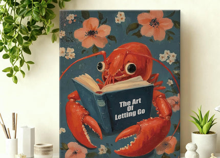 YJIKRTVT Funny Animal Canvas Wall Art, Whimsical Lobster Reading Book Print Artwork, The Art Of Letting Go Quote Wall Decor, Cute Sea Animal Floral Print Decor for Bedroom Living Room 8x10 Inches