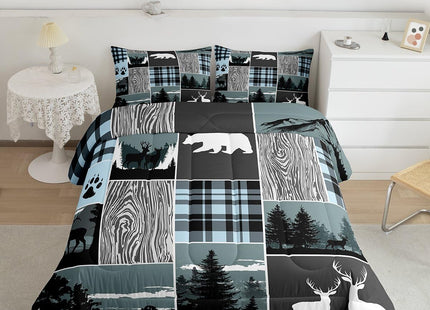 Plaid Bear Cabin Comforter Set, Rustic Farmhouse Camper Bedding Set Full, Gray Blue Hunting Christmas Deer Duvet Insert Woodland Lodge Wild Animal Quilt Sets For Kids Boys Teens Adult Bedroom