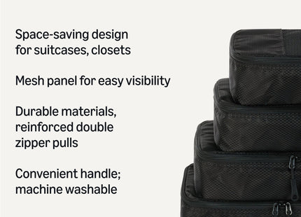Amazon Essentials 4-Piece Space-Saving Packing Cubes Travel Accessories Set, Luggage Organizer with Double Zipper, Mesh Top, Small, Black (Previously Amazon Basics)