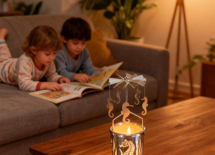 Qtnuerm Metal Rotary Candle Holder Spinning Windmill Tea Light Carousel Decor for Home & Gifts (Silver Seahorse)