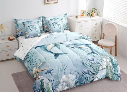Erosebridal Dolphin Teal Blue Comforter Set 7 Piece Bed in A Bag Twin
