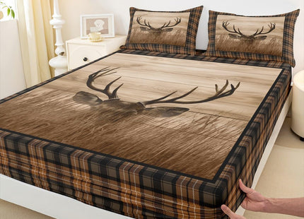 Castle Fairy Deer Antler Bed Sheet Set Queen Size,Rustic Farmhouse Wooden Board Barn Bedding Set for Children Adult,Animal Retro Plaid Geometric Sheet Sets with Flat, Fitted Sheet, 2 Pillowcases