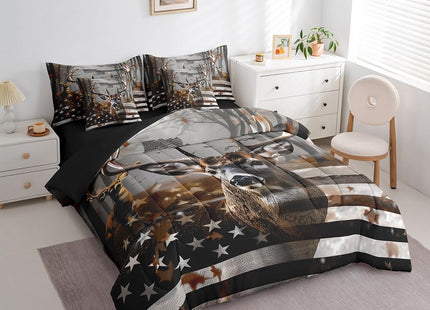 Erosebridal Full Comforter Set 7 Piece Deer American Flag Bed in A Bag Woodland Hunting Deer Elk Bedding Set with Sheet Set and Pillow Covers for Kids Adults,Reversible Black Bed Set