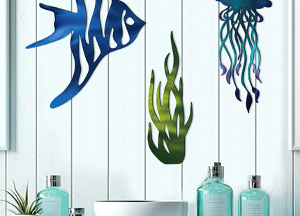 Zonon 3 Pcs Coastal Wall Decor Nautical Wall Decor Ocean Beach Themed Room Decoration Metal Jellyfish Fish Seaweed Beach Hanging Decoration Rustic Ocean Coastal Home Art for Living Bedroom Bathroom