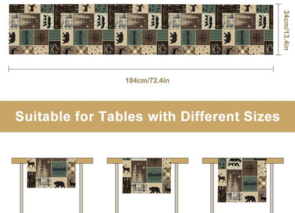 Country Rustic Farmhouse Deer Table Runner Tabletop Cover Vintage Cabin Bear Mountain Hunting Wild Animal Plaid Checkered Printed for Kitchen Dining Room 13x72 Inch