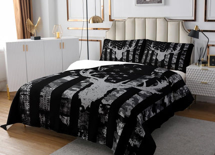Kids Camo American Flag Bedspread Twin Size,Deer Antlers Silhouette Animal Quilted Coverlet,Girls Boys Adults Xmas/Bedroom Decor,Rustic Retro Coverlet Set,Black Grey Bedding Quilt,1 Pillowcase