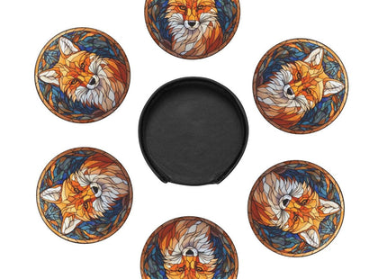 Fox Drink Coaster Set, Leather Coasters with Holder, 6 Pack for Table Protection (Fox)