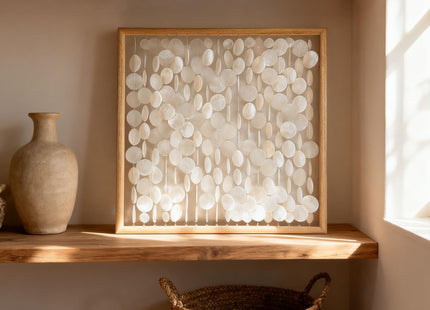 Bergamot 3D Handmade 24"x24" Capiz Shell Wall Hanging Decor, Solid Wooden Framed Coastal Wall Decor, Minimalist White Sea Shell Art for Living Room, Bedroom, Office