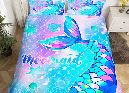 Erosebridal Mermaid Duvet Cover Kids Tail Bedding Set for Child, Blue Ocean Comforter Toddler Boys Nautical Fish Scale Bedspread Bedroom Decor Girls, 3 Pcs,King(No Insert)