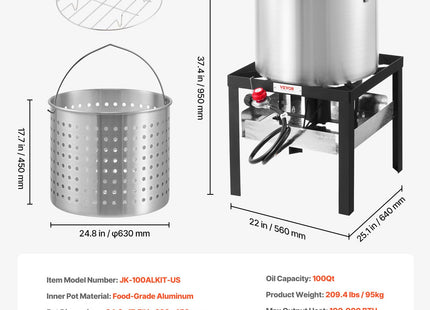 VEVOR 100 Qt Seafood Boiling Kit with Strainer, Outdoor Seafood Boil Pot and Basket, Cooking Set for Crab Crawfish Lobster Boiling, Aluminum Stockpot with 100,000 BTUs Propane Burner and Steamer Rack