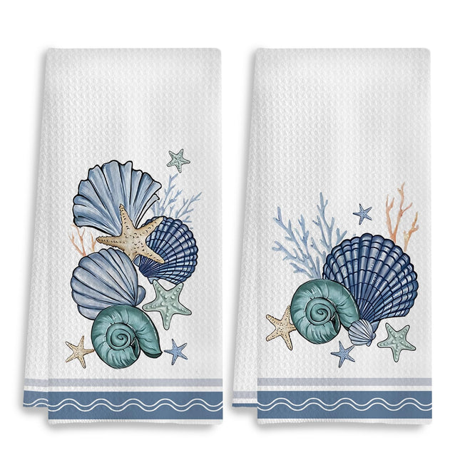 COWEB Coastal Beach Kitchen Towels Set of 2, Ocean Seashell Hand Towels for Bathroom, Coastal Dish Towels for Kitchen, Beach Bathroom Kitchen Decor, Nautical Kitchen Dish Hand Towels, 16x24 Inches