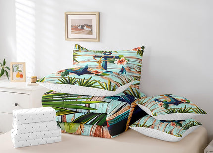 Erosebridal Boat Anchor Bed in a Bag Queen Comforter Set 7 Piece,Nautical Rope Bedding Sets Palm Leaves Flowers Sheet Set with Comforter