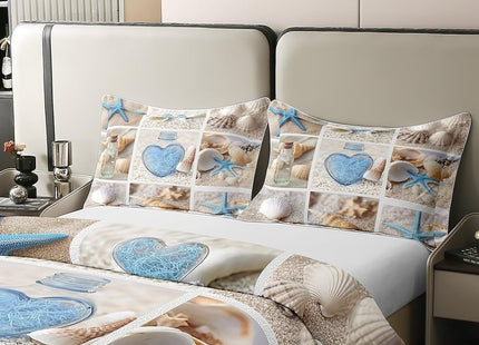 Erosebridal 100% Cotton Beach Duvet Cover, Ocean Themed Bedding Set Twin Size Coastal Nature Comforter Cover Starfish Love Heart Cotton Set for Kids Boys Girls Teens Adult Bedroom Decor