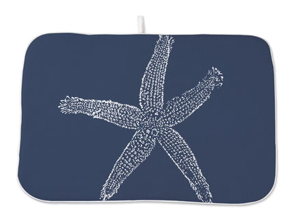 Coastal Beach Dish Drying Mat 18 x 24 inch, Summer Navy Blue Starfish Decorative Drying Mats Microfiber Absorbent Dish Washable Draining Mat for Kitchen Counter Decor