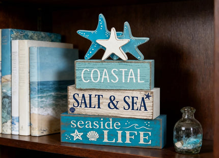 4 Pcs Summer Beach Table Decor Starfish & Seashell Coastal Nautical Wooden Block Signs, Rustic Farmhouse Tiered Tray Decorations for Home Bathroom Office Desk Shelf Mantel