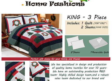 Cozy Line Home Fashions Christmas True Patchwork Wreaths Pine Tree Stockings Rustic Reversible Quilt Bedding Set, Coverlet Bedspread (Happy Christmas, King - 3 Piece)