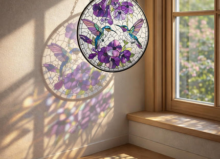 Hummingbird Stained Glass Suncatcher,7.8 inch Hummingbird with Ipomoea Flowers Suncatchers for Window Hanging Bird Suncatcher for Garden Home Decor Hummingbird Gifts for Women Mom Bird Lovers