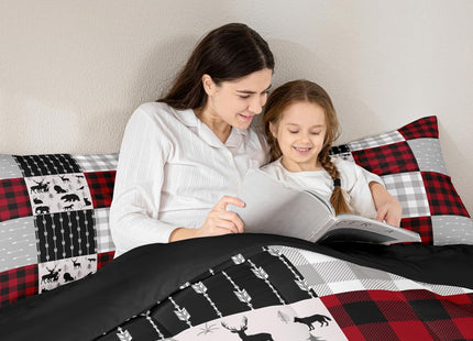 Buffalo Plaid Comforter Set For Boys Girls, Woodland Moose Bedding Set