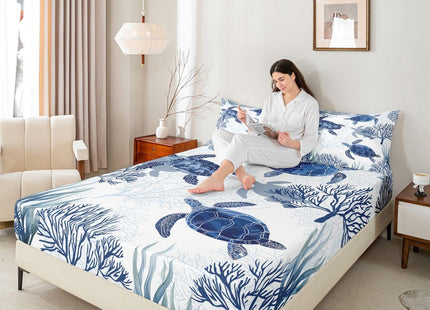 Sea Turtle Bed Sheet Set - Kids Girls Boys Bedroom, Nautical Coastal Fitted Sheet, Ocean Beach Theme, Blue White Sea Animal Turtle Print Bed Cover