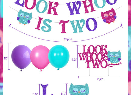 Owl Themed 2nd Birthday Party Decorations, with Look Whoo Is Two Owl Banner Cake Topper Purple Pink Balloon Set, for Kids Cute Owl 2 Years Old Birthday Party Supplies