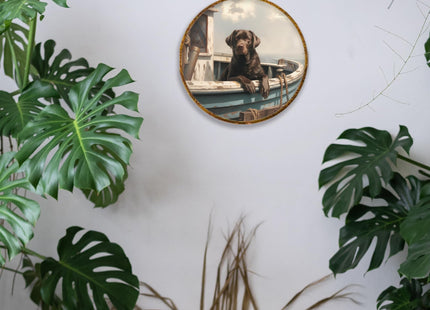Hiuwevt Nautical Labrador Retriever Round Wall Art Decor, Chocolate Lab Gift Framed Canvas Prints, Coastal Nautical Lab Dog Round Wall Hanging Decor for Home Bedroom Room Decorations, 10x10 Inches