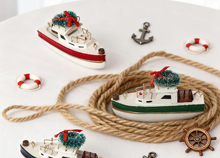 NAUTIMALL Christmas Hanging Lobster Boat Ornaments, 4 Inch Wooden Nautical Ship Decorations, White and Red/Green/Navy, Set of 3, Sailboat Decor