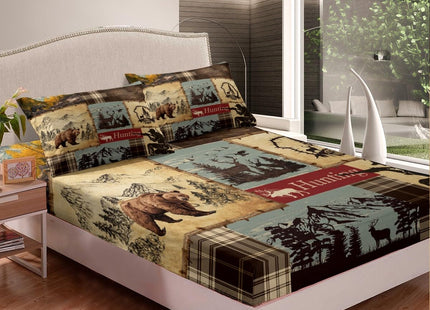 Erosebridal Rustic Patchwork Sheet Set Queen Size, Hunting Deer Bear Bed Sheets Set with Footprint, Geometric Wildlife Motion Grid Sheets for Boys Adults Wildlife Printed Bed Set Bedroom Decor