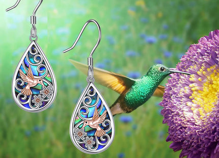 POPLYKE 925 Sterling Silver Hummingbird Earrings Teardrop Abalone Dangle Earrings For Women Hummingbird Jewelry for Mom