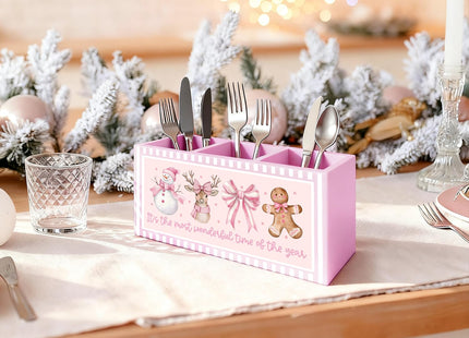 FDHSPAAM Pink Christmas Kitchen Utensil Holder, Coquette Bow Snowman Reindeer Gingerbread Cooking Utensil Holder Wooden Storage Organizer Box for Kitchen Counter, Girly Christmas Decor