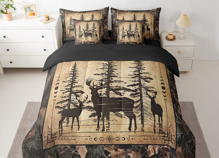 Erosebridal Camo Deer Full Comforter Set 7 Piece for Kids Boys Teen,Tree Branches Camouflage Hunting Bedding Set Woodland Animal Bed in A Bag Retro Pine Tree Wildlife Sheet Set with Comforter