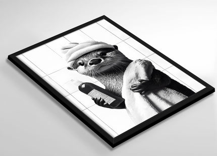 Funny Otter Bathroom Wall Art, Otter Getting Ready for Bath Canvas Print, Framed Black and White Farmhouse Decor for Bathroom Restroom Guest Bath, 12x16 Inch