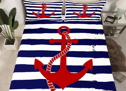 Nautical Anchor Sheet Sets Twin Geometric Stripes Top Sheet Ocean Adventure Theme Bed Sheet Navy Blue and Red Bedding Set 3pcs for Kids Girls Teens Boys Fitted Sheet+Flat Sheet+2 Pillowcases