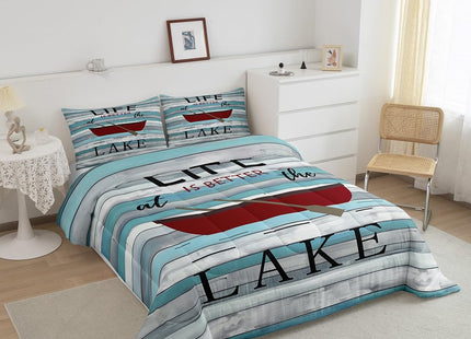Lake House Comforter Set Twin, Paddle Boat Bedding for Kids Girls Lake Lovers, Rustic Farmhouse Style Down Comforter, Retro Wooden Board Duvet Insert, Home Decor, Dark Red Blue