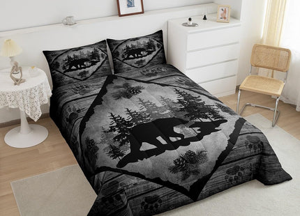 Lodge Cabin Comforter Set,Black Bear Pine Trees Decor Bedding Set for Kids Teens Adults,Wild Animal Paw Print Retro Wooden Stripes Farmhouse Comforter Duvet Set with 1 Pillowcase Twin Size 2 Pcs