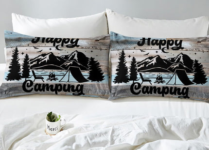 Rustic Farmhouse Style Comforter Cover Camping Themed Bedding Set for Boys Kids Teens Lodge Cabin Duvet Cover King Happy Glamping Trailer Camper Decor,Camfire Tent Retro Old Barn Door Room Decor
