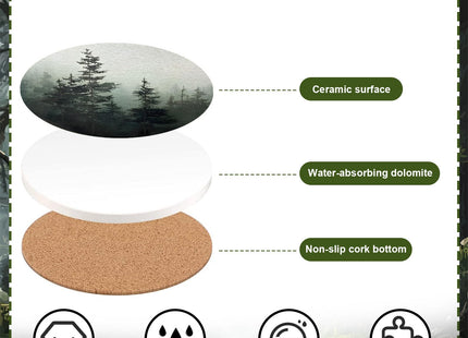 Whaline 6 Pcs Forest Coasters with Holder Misty Forest Ceramic Drink Coasters Absorbent Round Cup Mat Tabletop Protection for Home Kitchen Office Desk Coffee Table Decor