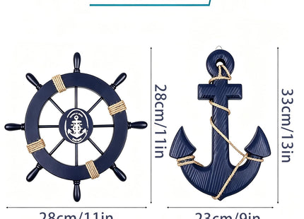 Meching 2 Pack 11" Nautical Beach Wooden Ship Wheel and 13" Wooden Anchor with Rope Nautical Boat Steering Wheel Rudder Anchor Wall Art Decor Door Hanging Ornament Beach Theme Home Decoration(Blue)