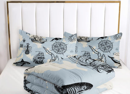 Retro Ocean World Map Comforter Set Queen, Pirate Ship Anchor Compass