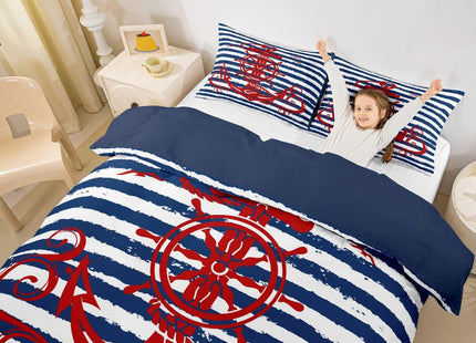 Anchor Comforter Cover Queen Size Nautical Compass Duvet Cover For Kids Boys Girls Teens, Geometric Stripes Bedding Set Ocean Sailboat Retro Theme Bed Set With 2 Pillow Cases, Navy Blue And Red