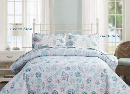 Junsey 3Pcs Ocean Theme Quilts Twin Size Coastal Bedding Set Lightweight Reversible Beach Theme Bedspread Coverlet All Season Home Bedding Decor(Light Blue, Twin)