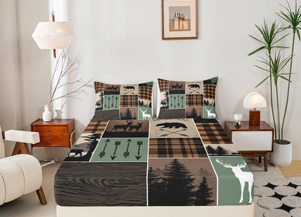 Erosebridal Farmhouse Retro Rustic Sheet Set Twin Size, Kids Country Bear Deer Bed Sheet Hunting Wild Animal Fitted Sheet - Plaid Arrows Flat Sheet Adventure Patchwork - 1 Pillow Case, Brown Green
