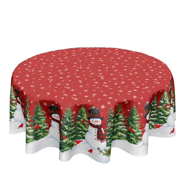 Ancordivo Christmas Round Tablecloth 60 Inch Winter Holiday Xmas Theme Snowman Pine Tree Red Circle Table Cloth Rustic Table Cover for Home Kitchen Dining Decor