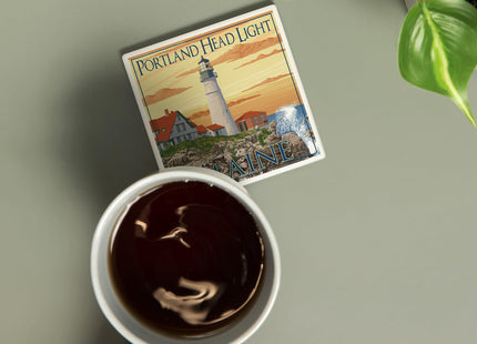 Lantern Press Portland, Maine, Portland Head Light (Absorbent Ceramic Coaster, Single, Cork Back, Kitchen Table Decor)