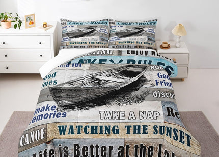 Manfei Lake House Theme Kids Comforter Set Twin Size,Boating Fishing Happy Camping Bedding Set,Girls Boys Adults Room Decor,Old Wooden Board Down Comforter,Rustic Farmhouse Duvet Insert,1 Pillowcase