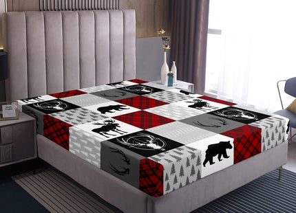 Plaid Deer Bear Bed Sheet Set Twin Size,Wild Animal Arrow Hunting Antler Patchwork Fitted Sheet with 1 Flat + 1 Pillow Sham,Rustic Red Buffalo Grid Bedding Set for Kids Boys Bedroom Decor